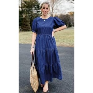 Woman's Puff Elastic Sleeve Midi Tiered A-Line Denim Dress